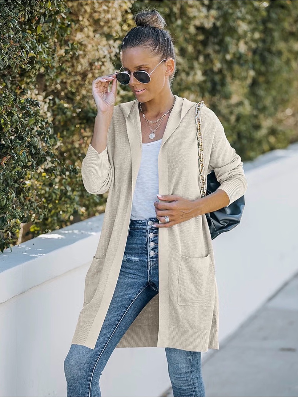 Lightweight Hooded Open-Front Cardigan Sweater in Light Beige NWT
